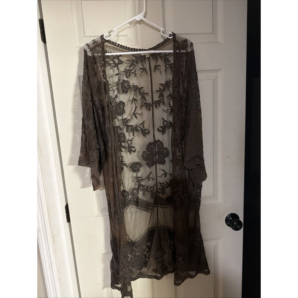 Womens Sheer Boho Kimono Cardigan Paisley Open Front Taupe One Size Polagran
